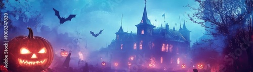 A spooky haunted house with glowing pumpkins and bats in an eerie twilight atmosphere, perfect for Halloween-themed projects.