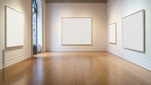 Modern art gallery with empty frames on the wall, illuminated by natural light.