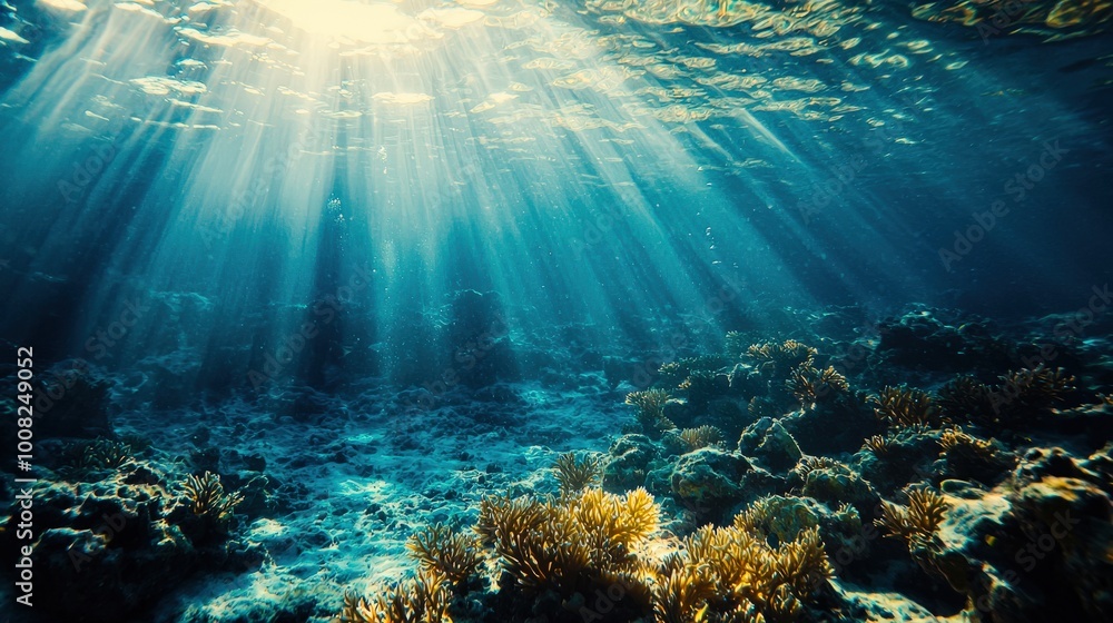 Fototapeta premium A deep underwater scene in the ocean, featuring a serene blue hue and soft light filtering through the water. The tranquil nature captures the vastness and mystery of the ocean depths.