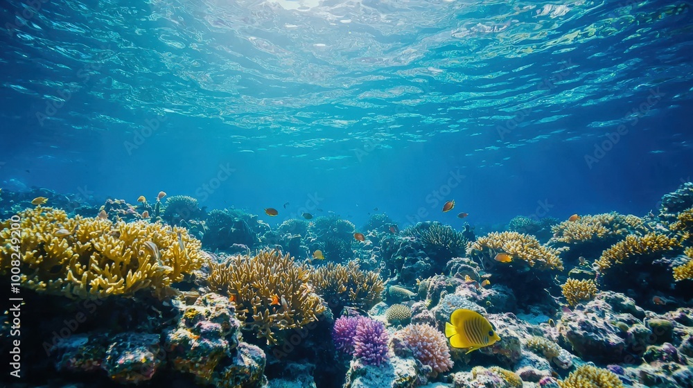 Naklejka premium A deep underwater scene in the ocean, featuring a serene blue hue and soft light filtering through the water. The tranquil nature captures the vastness and mystery of the ocean depths.