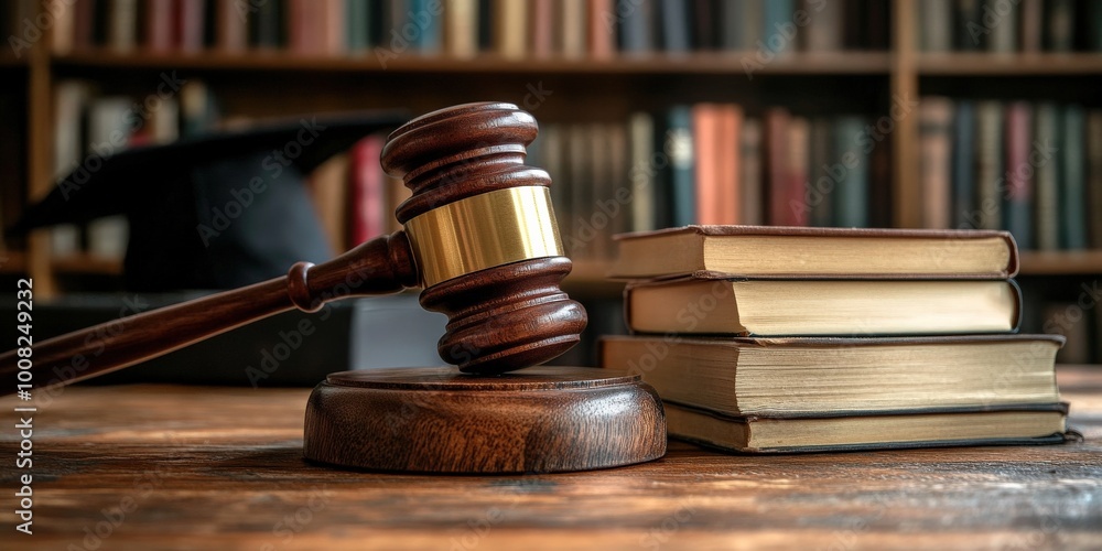 Gavel and Law Books with Graduation Cap in Library Setting Gavel and Law Books with Graduation Cap in Library Setting