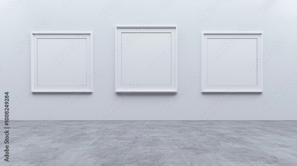 Three blank frames on a minimalist gallery wall, white isolate background. Three blank frames on a minimalist gallery wall, white isolate background.