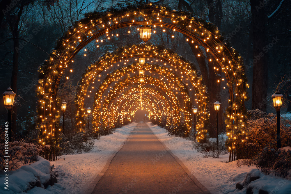 arch with lights in the winter, with snow, christmas decor arch with lights in the winter, with snow, christmas decor