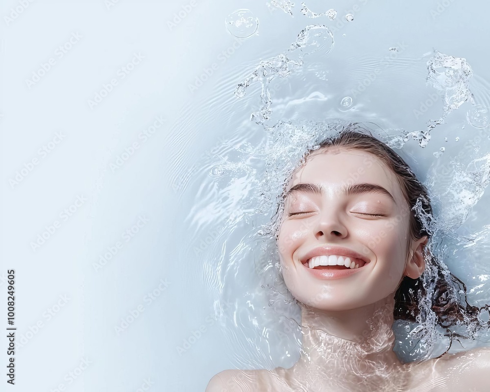 Woman smiling joyfully in calm water, enjoying relaxation and tranquility. Woman smiling joyfully in calm water, enjoying relaxation and tranquility.