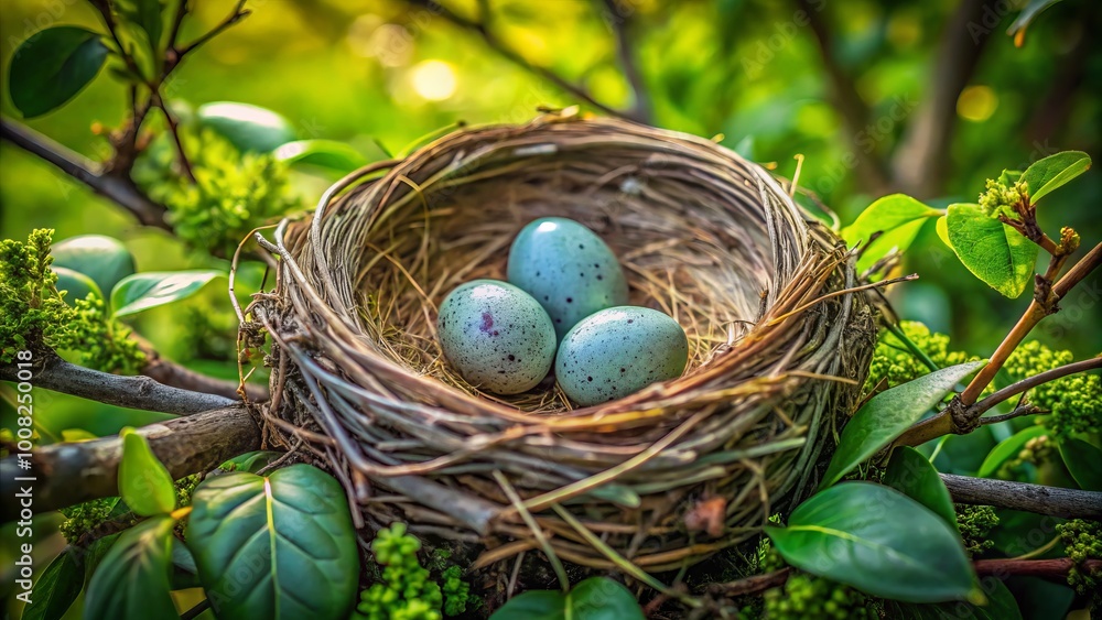 Fototapeta premium In a tranquil wildlife setting, three exquisite bird eggs rest in a nest, symbolizing nature's beauty and new