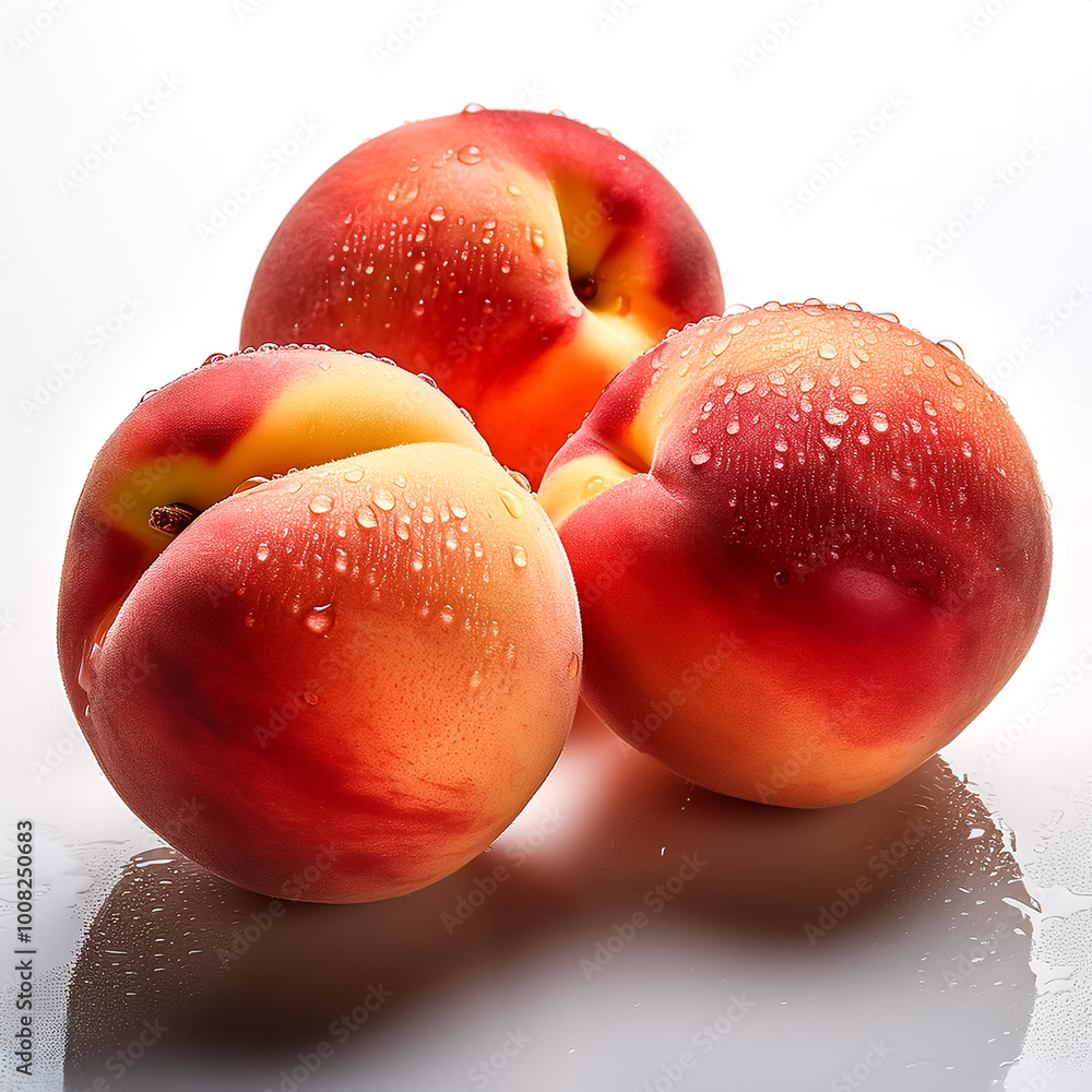 Close-up of fresh Peaches with water droplets on a solid white background Close-up of fresh Peaches with water droplets on a solid white background