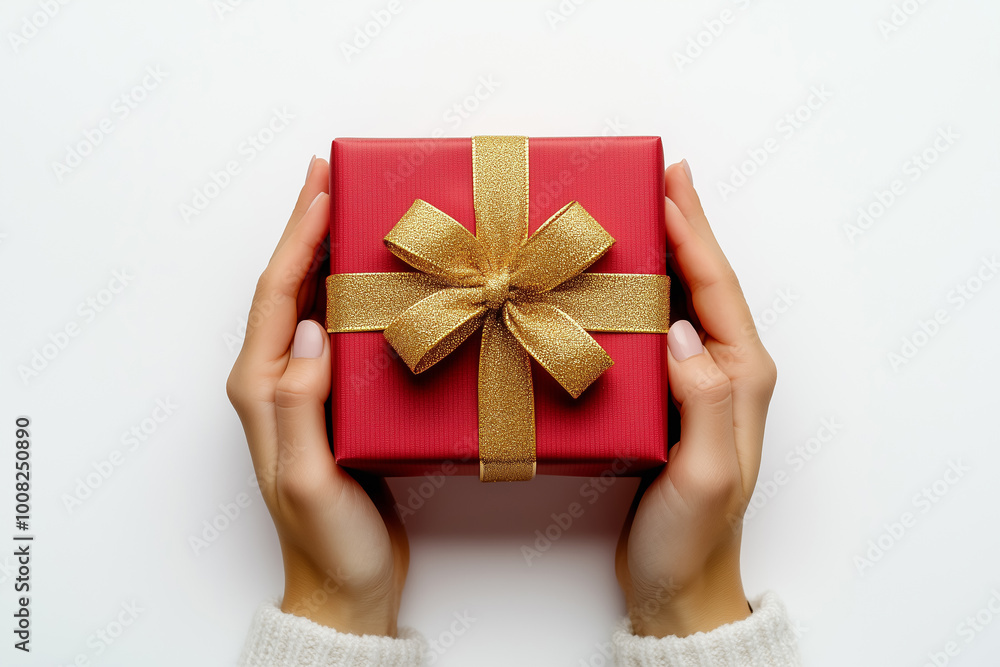Hands holding a beautifully wrapped red gift box with a shimmering golden bow, set against a white background. Hands holding a beautifully wrapped red gift box with a shimmering golden bow, set against a white background.