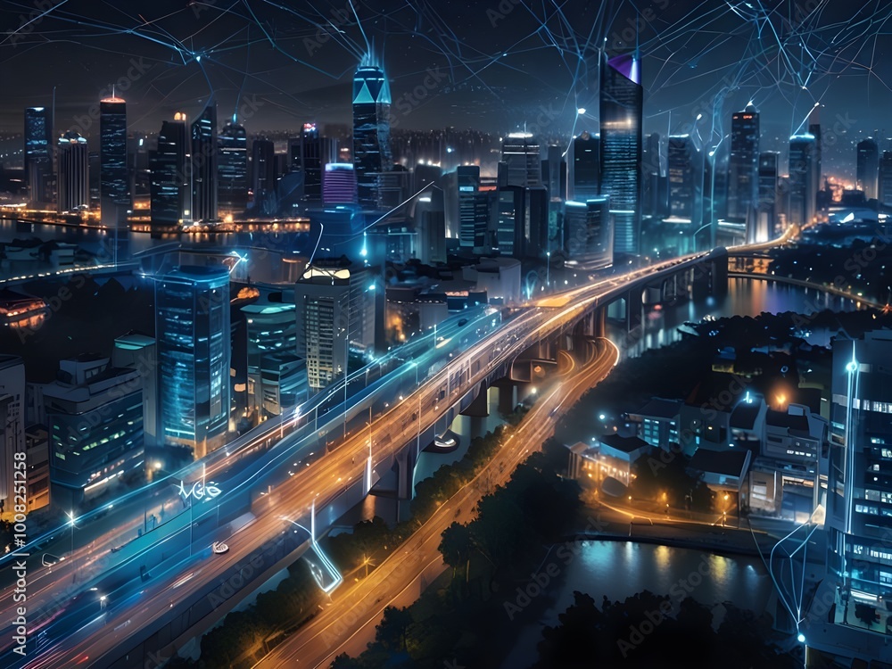 High-tech city at night, with a focus on the intricate network of roadways and illuminated buildings. High-tech city at night, with a focus on the intricate network of roadways and illuminated buildings.