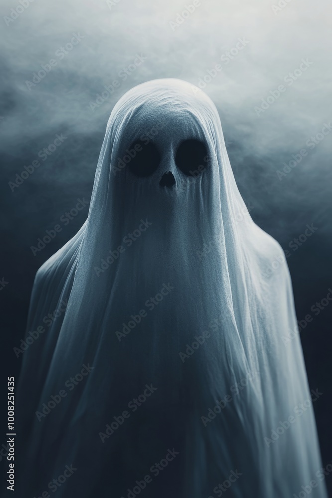 A spooky ghost figure with a skull-like face, shrouded in white, stands against a dark, smoky background. front page for fright novel concept A spooky ghost figure with a skull-like face, shrouded in white, stands against a dark, smoky background. front page for fright novel concept