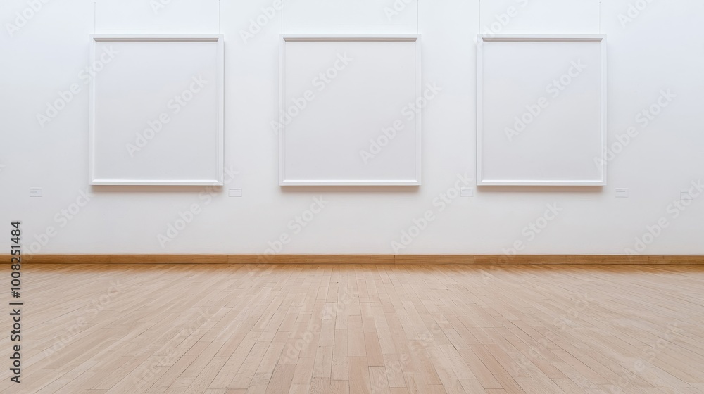 Empty gallery space with blank frames on wall, minimalist interior design, modern art. Empty gallery space with blank frames on wall, minimalist interior design, modern art.