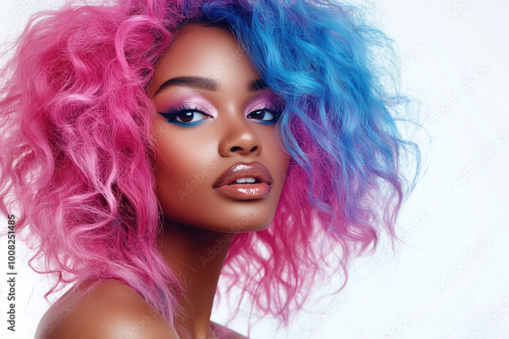Portrait of a Woman with Pink and Blue Wavy Hair and Vibrant Makeup Portrait of a Woman with Pink and Blue Wavy Hair and Vibrant Makeup