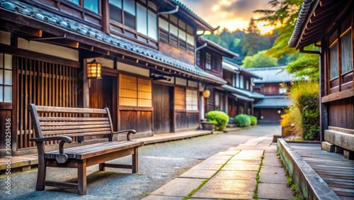 In front of a vintage Japanese shop house, a peaceful wooden bench invites visitors, framed by traditional architecture