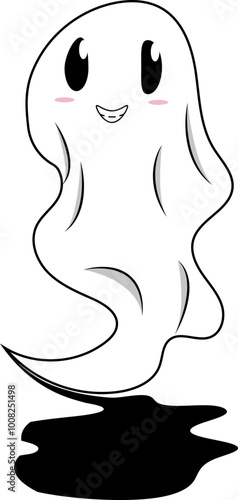 White ghost with black eyes and a smiling expression, accompanied by a dark shadow. Suitable for Halloween themed designs and spooky concepts.