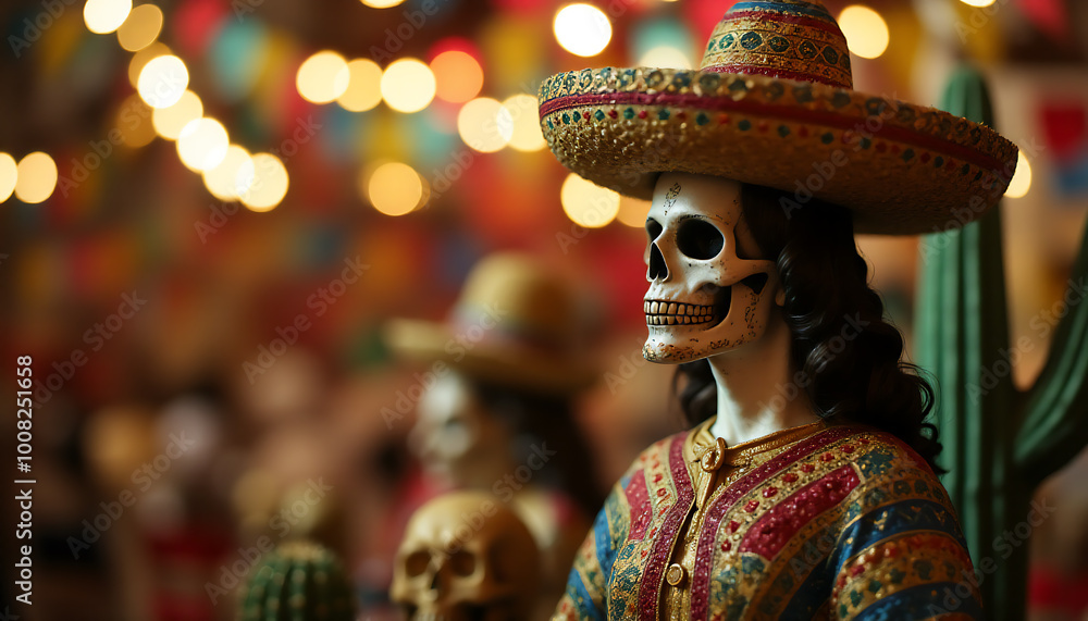 A woman dressed in a sombrero and a skeleton costume stands in front of a cactus A woman dressed in a sombrero and a skeleton costume stands in front of a cactus