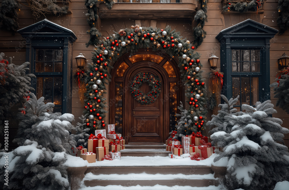 Fototapeta premium christmas tree and presents in front of a house
