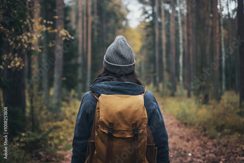 landscape with woman wearing backpack, walking in the forest during autumn, blue jacket, yellow bag, photorealistic