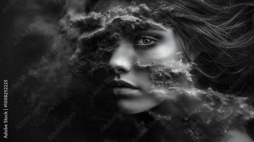 Creativity concept. Mind-blowing portrait of beautiful young woman in cloud Creativity concept. Mind-blowing portrait of beautiful young woman in cloud