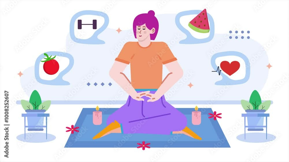 Illustration of wellness and meditation with healthy lifestyle icons animated video Illustration of wellness and meditation with healthy lifestyle icons animated video