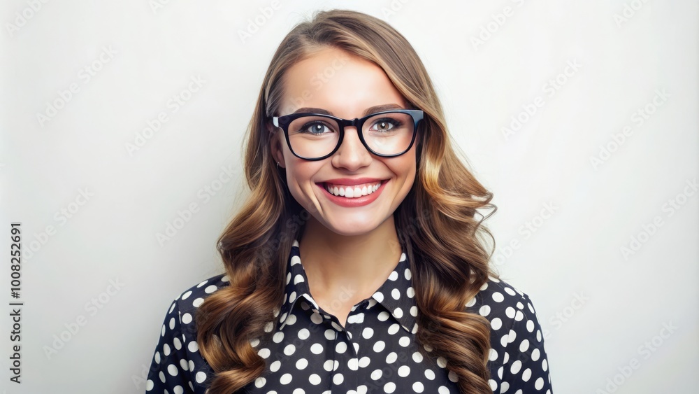 Isolated against a white backdrop, a joyful young woman in glasses and a polka dot shirt beams with Isolated against a white backdrop, a joyful young woman in glasses and a polka dot shirt beams with