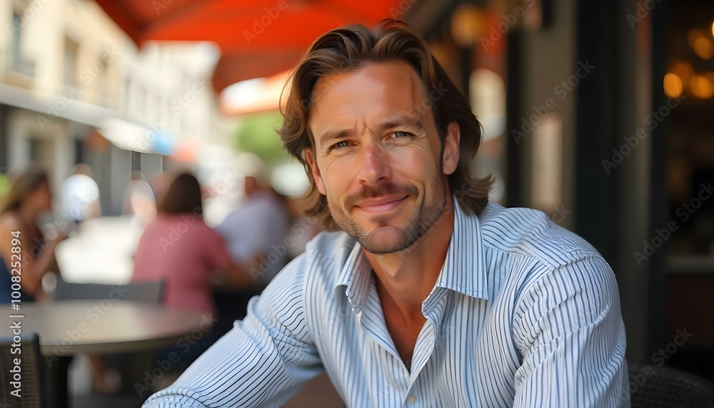 Caucasian man sitting at a café on a sunny day, with people in the background. Caucasian man sitting at a café on a sunny day, with people in the background.