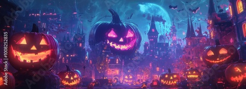 A spooky Halloween scene featuring glowing pumpkins, eerie landscapes, and a vibrant full moon, perfect for festive celebrations.