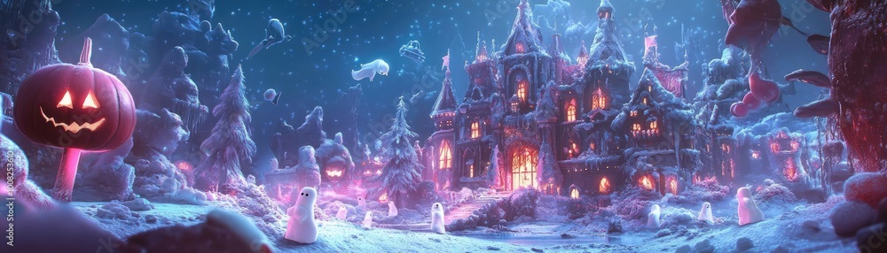 A whimsical winter scene featuring a spooky castle, glowing pumpkins, and enchanting snowflakes under a starry night sky. A whimsical winter scene featuring a spooky castle, glowing pumpkins, and enchanting snowflakes under a starry night sky.