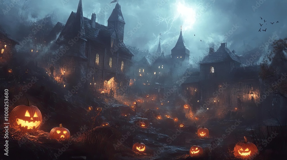 Spooky Halloween scene with glowing pumpkins, eerie fog, and a haunted castle under a moonlit sky. Spooky Halloween scene with glowing pumpkins, eerie fog, and a haunted castle under a moonlit sky.