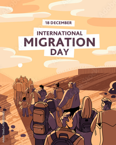 People, refugee escapes from country by border. Migrants crowd runaway from problems to political asylum. Immigration, emigration concept. International migration day poster. Flat vector illustration