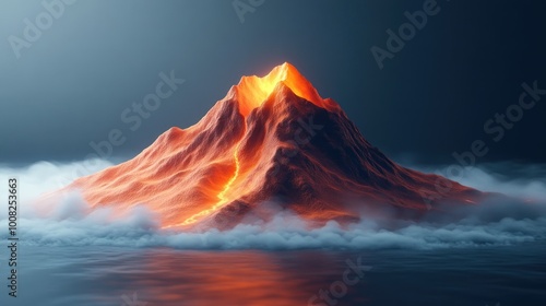 A glowing volcanic mountain emerging from misty waters.