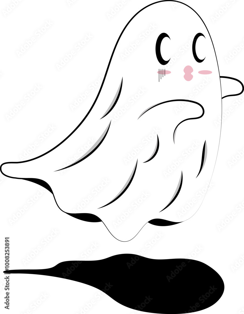 White ghost with pink cheeks floating above black shadow. Spooky Halloween design, ghostly illustrations, haunted house decorations, themed projects. White ghost with pink cheeks floating above black shadow. Spooky Halloween design, ghostly illustrations, haunted house decorations, themed projects.