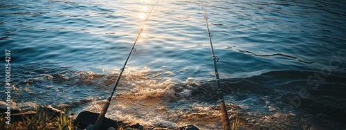 Two fishing rods cast into the reflective waters during sunset near a rocky shoreline