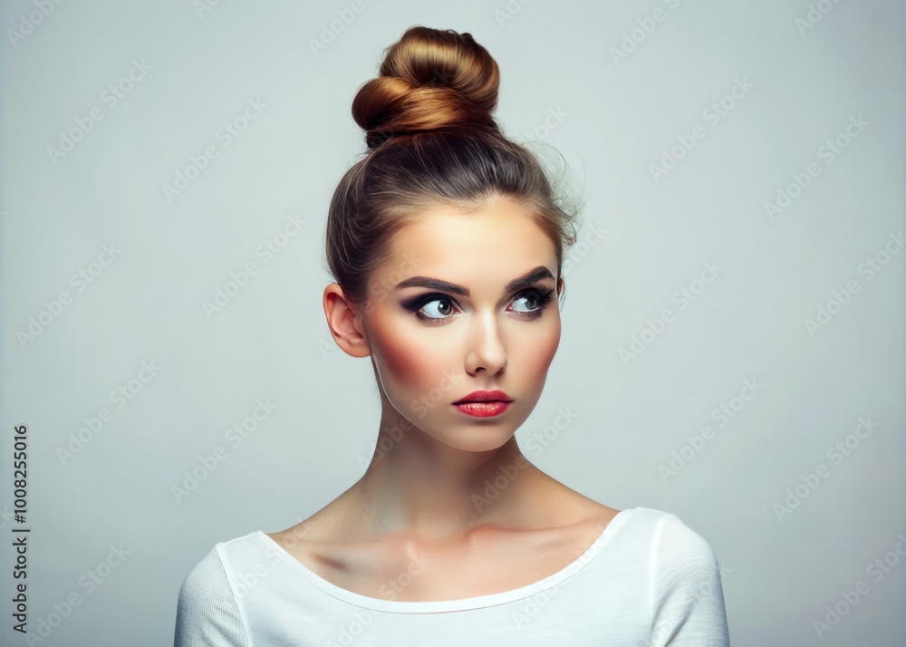 Puzzled young woman with high bun hairstyle posing seriously against a white background with frown Puzzled young woman with high bun hairstyle posing seriously against a white background with frown