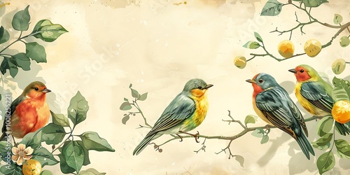 Vintage background with birds and lemons. Watercolor illustration