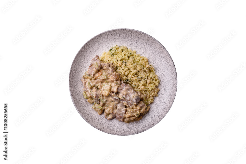 Bowl of food with beef, bulgur, tomatoes, zucchini and sauce Bowl of food with beef, bulgur, tomatoes, zucchini and sauce