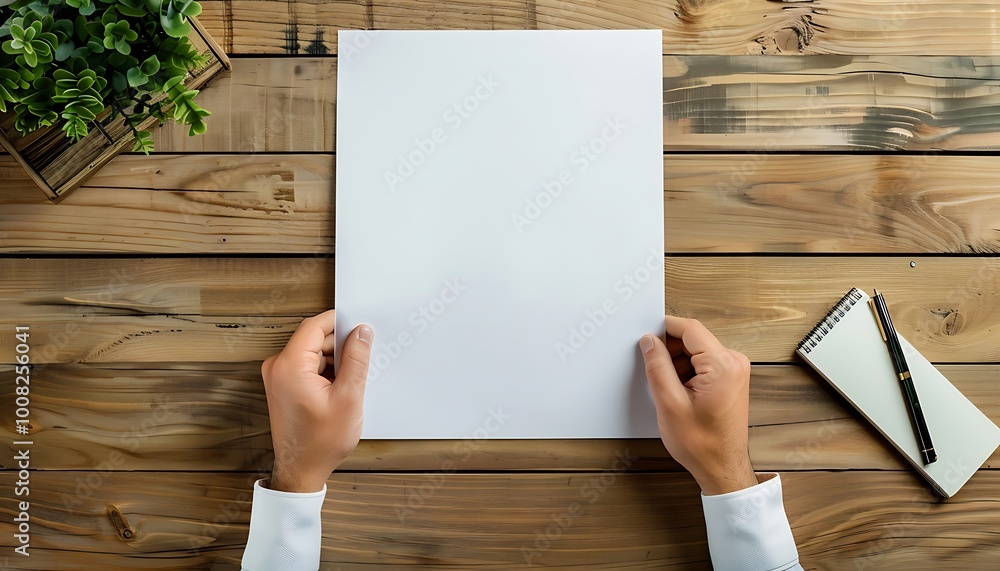 Man holding blank paper on table in office. Mock up template Man holding blank paper on table in office. Mock up template