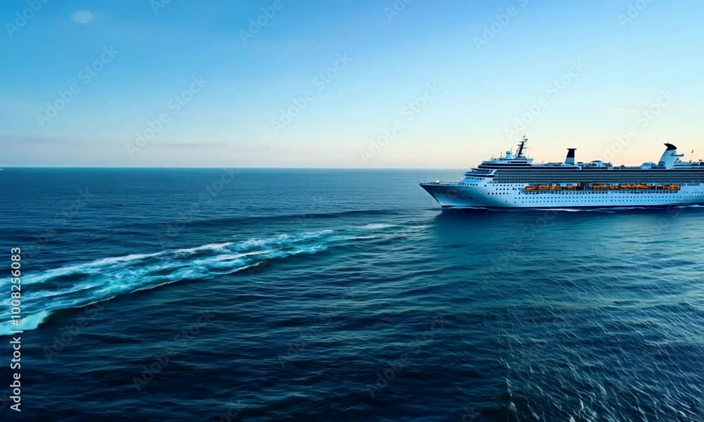 Sailing cruise ship crosses the ocean with birds flying in the air Sailing cruise ship crosses the ocean with birds flying in the air