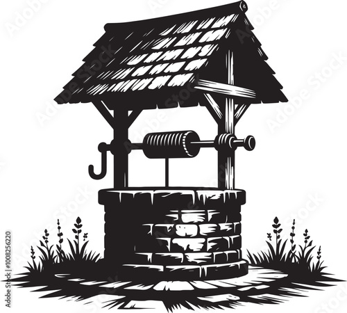 Village Water Well silhouette vector illustration isolated on a white background