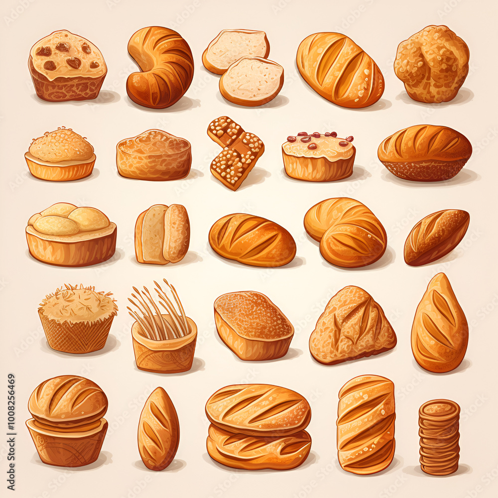 Bread realistic set. Different kinds of bakery and bread of wheat products with croissants and toast bread. Isolated on white background. Top view. Realistic illustration Bread realistic set. Different kinds of bakery and bread of wheat products with croissants and toast bread. Isolated on white background. Top view. Realistic illustration