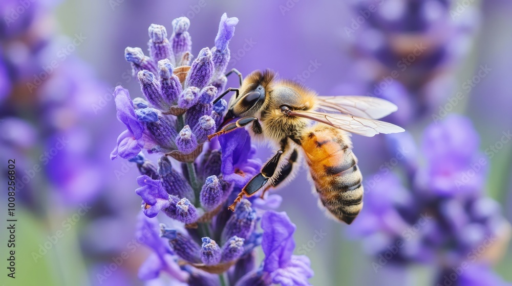 A bee collects nectar from a lavender flower in a field. A bee collects nectar from a lavender flower in a field.