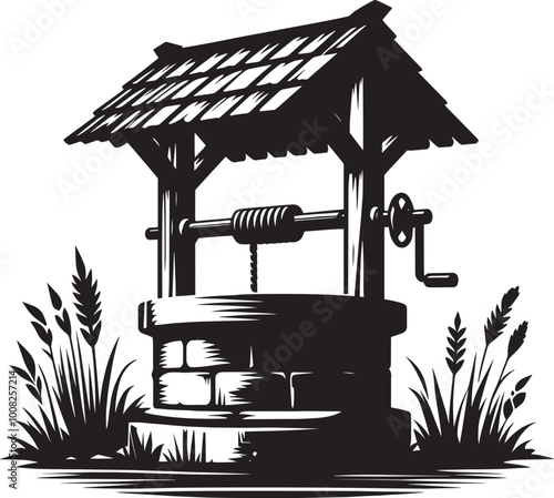 Village Water Well silhouette vector illustration isolated on a white background