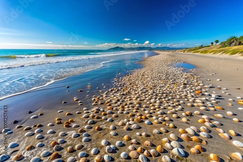 Scenic Papamoa Beach View with Scattered Shells at Low Tide Under Clear Blue Sky and Gentle Waves photo