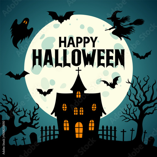 Halloween spooky nighttime scene background with bats, full moon, haunted house, evil trees, graves, ghosts, witch. Happy Halloween vector illustration.