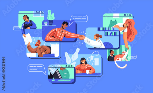 Group of employees communicates by video conference. Friends chat, talk by online call. Distance conversation, digital meeting in internet. Concept of remote work. Flat isolated vector illustration