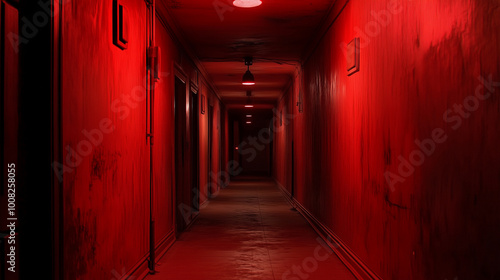 A dimly lit hallway drenched in crimson hues, evoking feelings of danger and fear. The corridor appears endless, with shadows lurking around every corner. The red lighting heighten