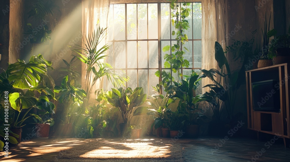 Sunlight streams through a large window, flooding a rustic living room filled with vibrant plants. The natural light enhances the earthy, cozy atmosphere, highlighting the greenery and wooden textures Sunlight streams through a large window, flooding a rustic living room filled with vibrant plants. The natural light enhances the earthy, cozy atmosphere, highlighting the greenery and wooden textures