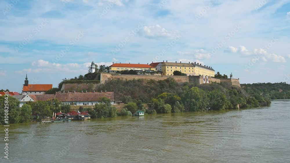 Petrovaradin fortress at Danube riverbank in Novi Sad, Serbia on sunny summer day, 4K Petrovaradin fortress at Danube riverbank in Novi Sad, Serbia on sunny summer day, 4K