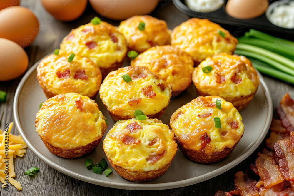 Plate of freshly baked cheesy bacon egg muffins Plate of freshly baked cheesy bacon egg muffins