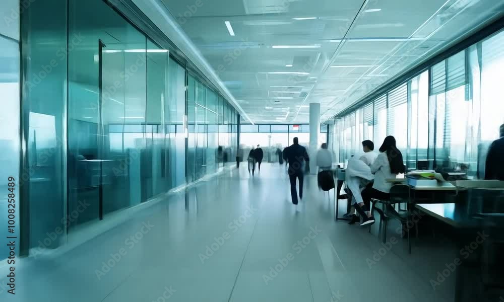 Modern office space with large wide corridors and glass partitions inside Modern office space with large wide corridors and glass partitions inside