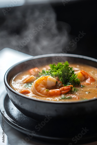 hot and spicy soup with mixed vegetable(radish,yardlong bean,Katuri Flower,carrot,cabbage) and Shrimp in white bowl.Thai traditional healthy menu and diet food photo