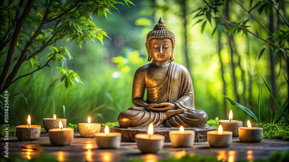 Serene Buddha Statue Surrounded by Flickering Candles in Tranquil Natural Setting of Greenery Serene Buddha Statue Surrounded by Flickering Candles in Tranquil Natural Setting of Greenery